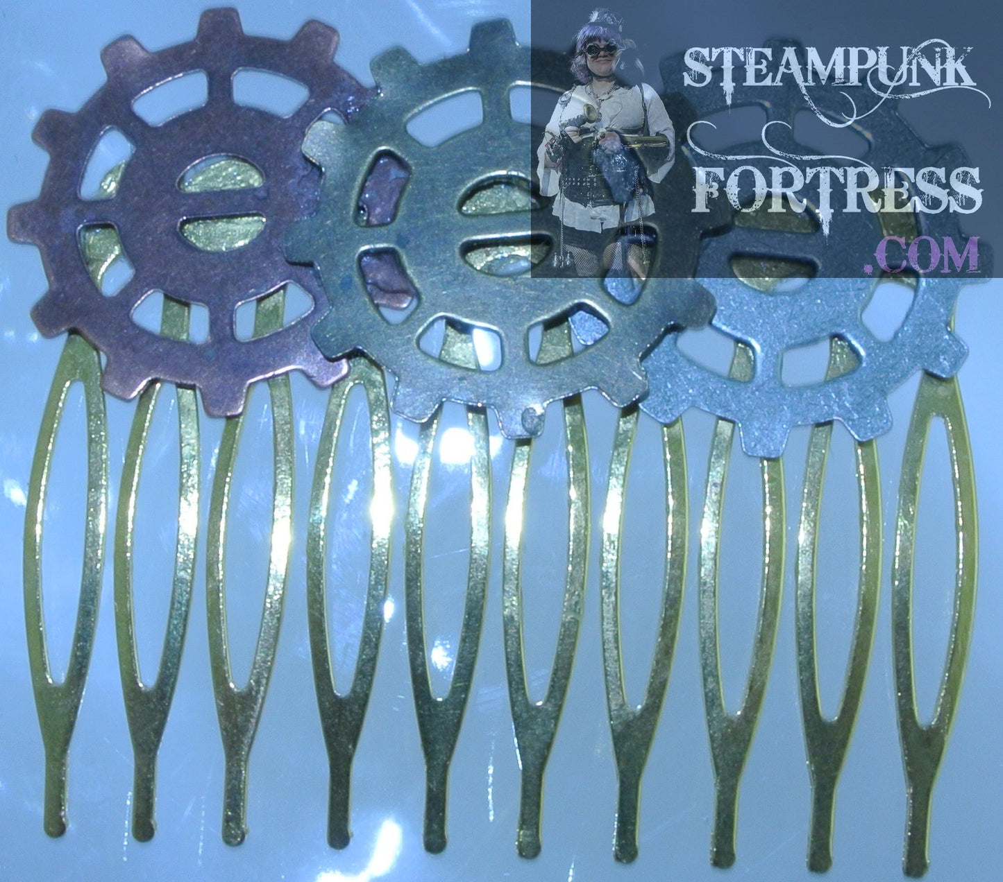 HAIR COMB GOLD GEARS 3 SPOKE WATCH CLOCK SET AVAILABLE STARR WILDE STEAMPUNK FORTRESS