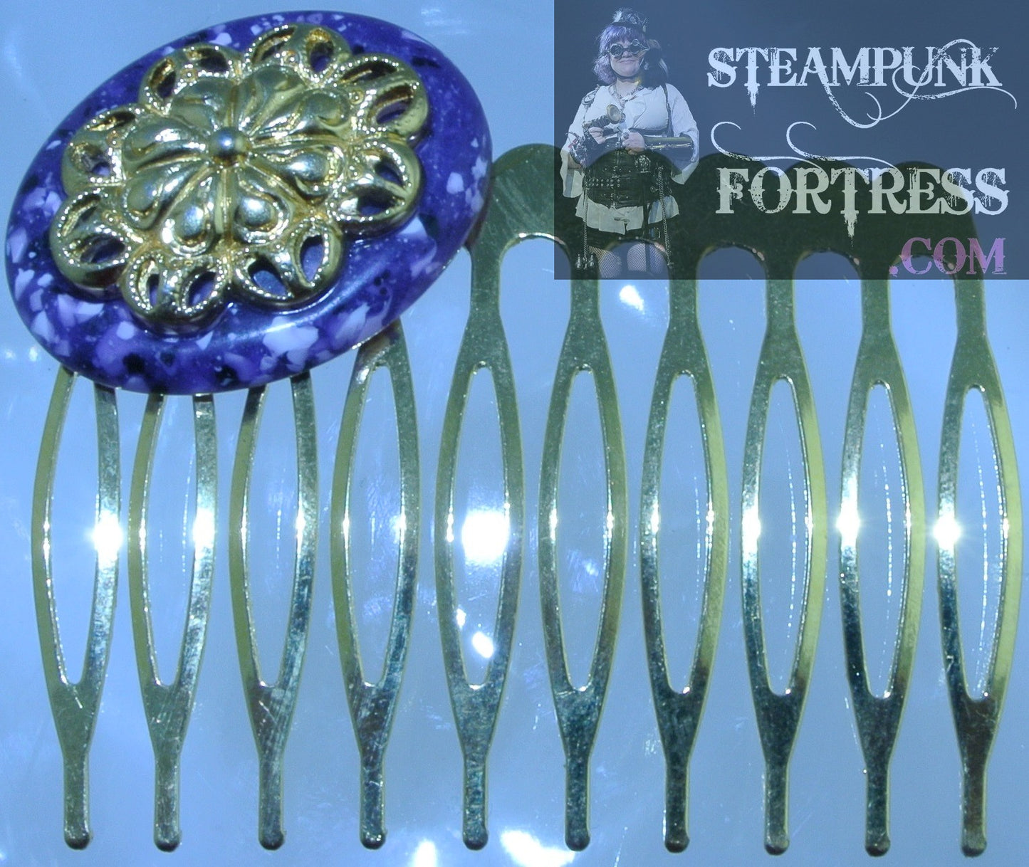 HAIR COMB GOLD PURPLE OVAL GOLD FILIGREE ACCENT STARR WILDE STEAMPUNK FORTRESS WEDDING VICTORIAN