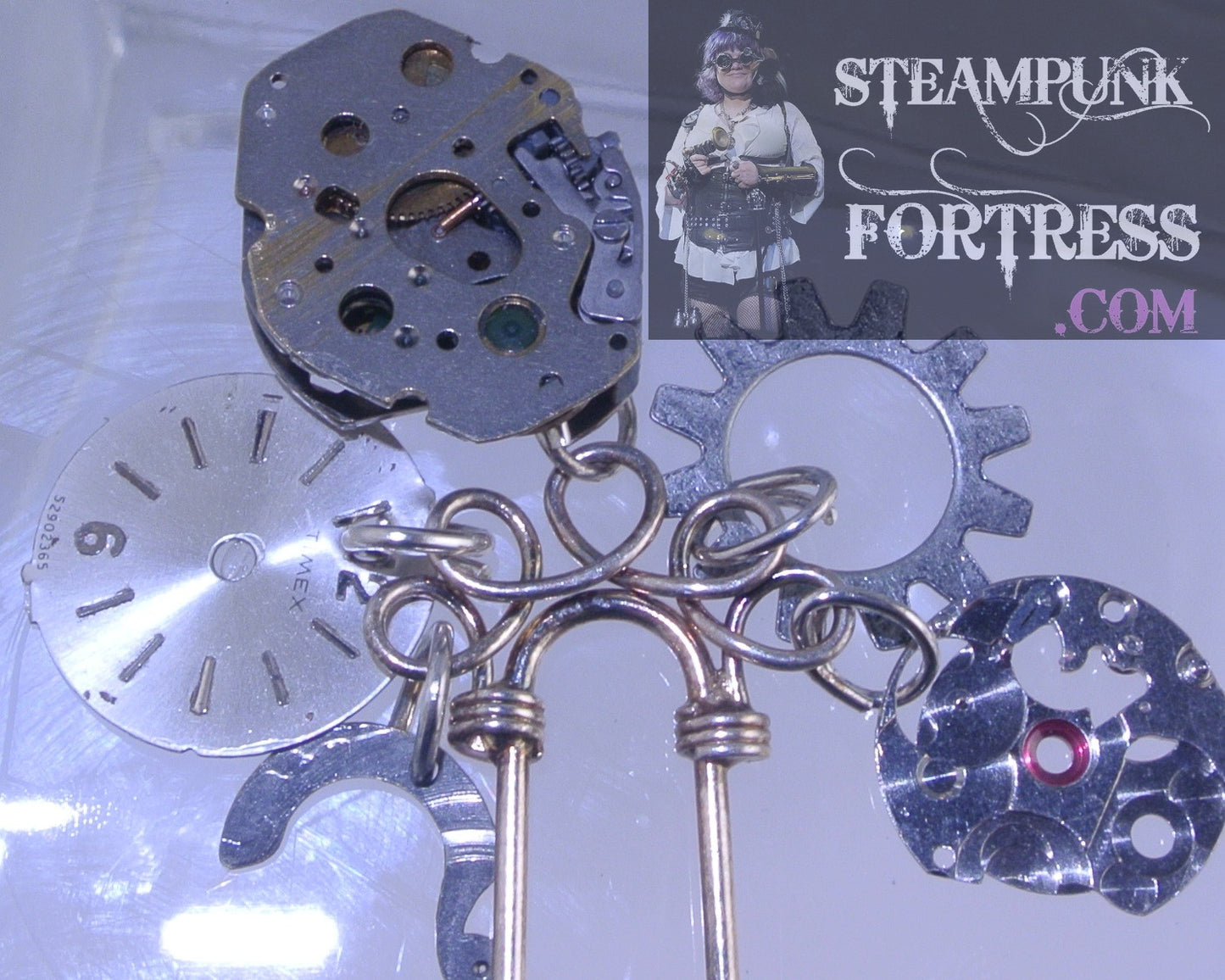 HAIR PICK SILVER 5 CHARMS MOVEMENT 2 PARTIAL AUTHENTIC GENUINE CLOCK WATCH MOVEMENTS GEAR FACE DIAL STARR WILDE STEAMPUNK FORTRESS