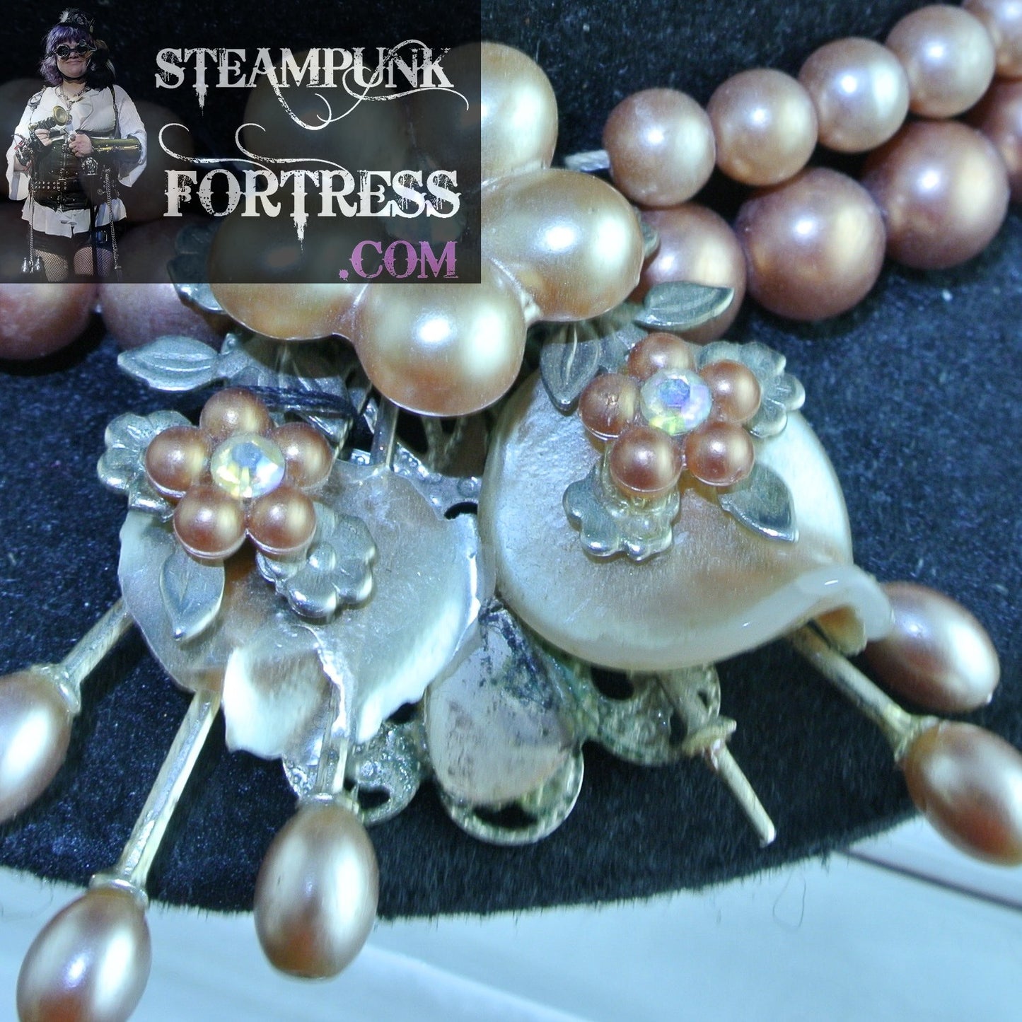 BLACK HAT 2 STRAND VINTAGE PEACH PEARL NECKLACE REMOVABLE BAND DUAL USE BLACK LARGE TOP HAT STARR WILDE STEAMPUNK FORTRESS