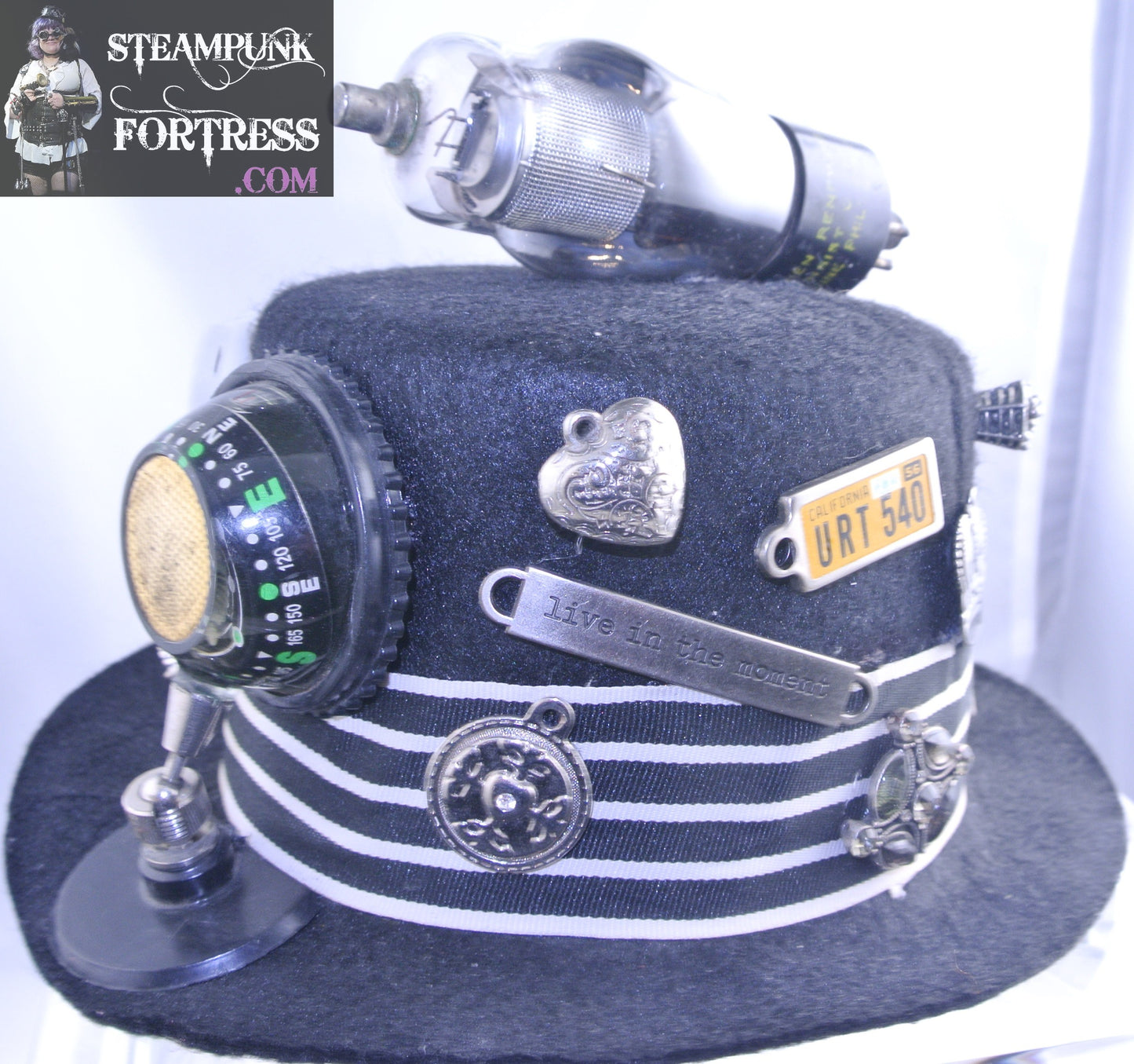BLACK COMPASS LIVE IN MOMENT LICENSE PLATE CROWN WING KEYS SYRINGE PEN SIGN SKULL THIMBLE HEART BASKET OF NEEDLES SCORPION MISCELLANEOUS CHARMS ROCKET TOP BLACK WHITE STRIPED RIBBON LARGE TOP HAT STARR WILDE STEAMPUNK FORTRESS