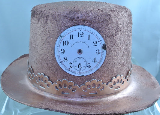 COPPER PORCELAIN WATCH CLOCK FACE DIAL PINK SWAROVSKI CRYSTAL COPPER FAUX LEATHER CUTOUT RIBBON BAND LARGE TOP HAT STARR WILDE STEAMPUNK FORTRESS