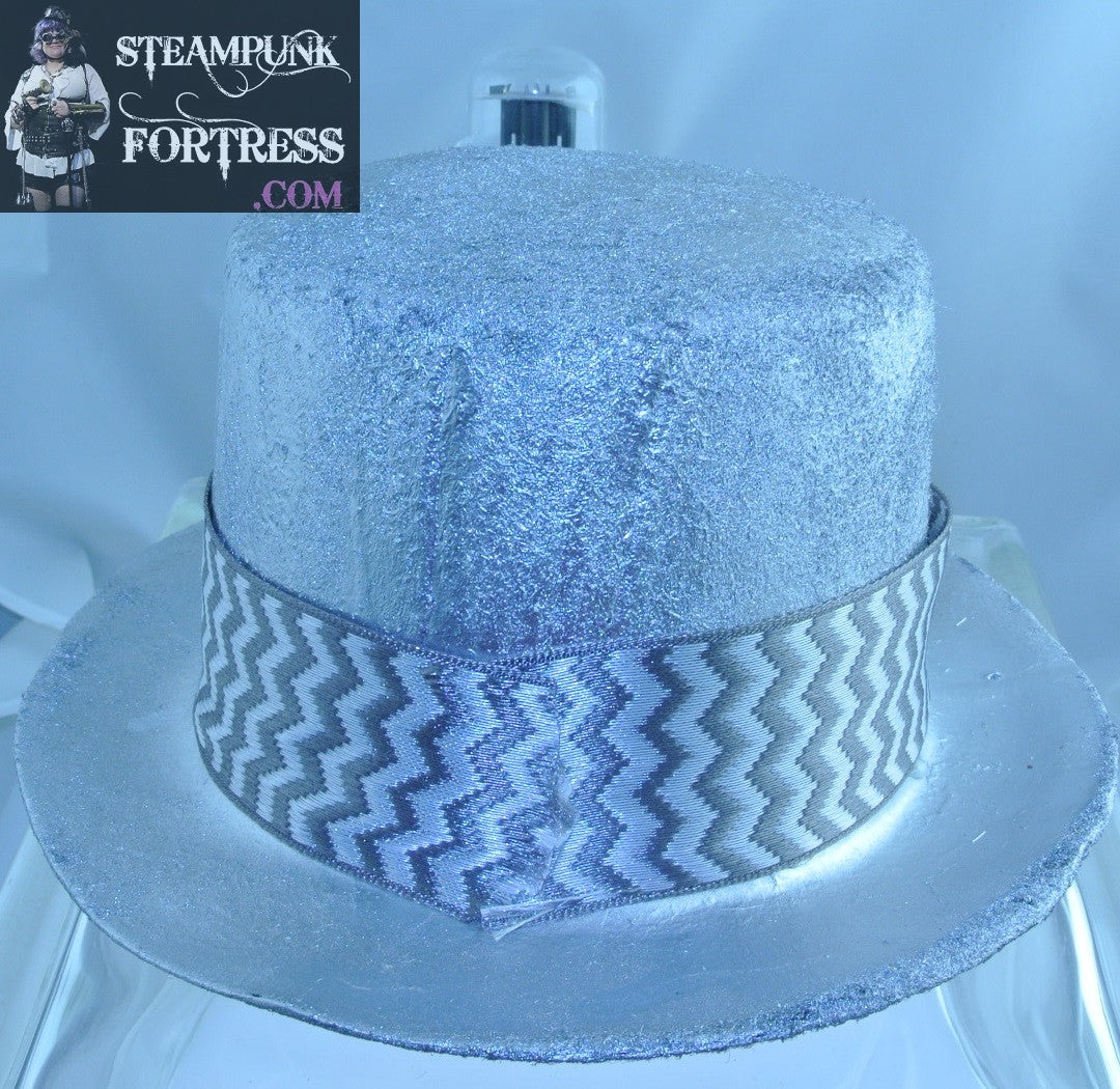 SILVER ROCKET FRONT XL GRAY GREY WHITE ZIG ZAG RIBBON BAND LARGE TOP HAT STARR WILDE STEAMPUNK FORTRESS