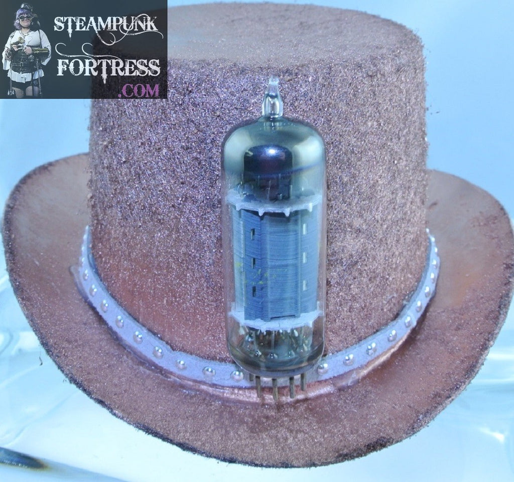 COPPER ROCKET FRONT GRAY GREY SUEDE SILVER STUDDED RIBBON BAND MEDIUM MINI TOP HAT STARR WILDE STEAMPUNK FORTRESS