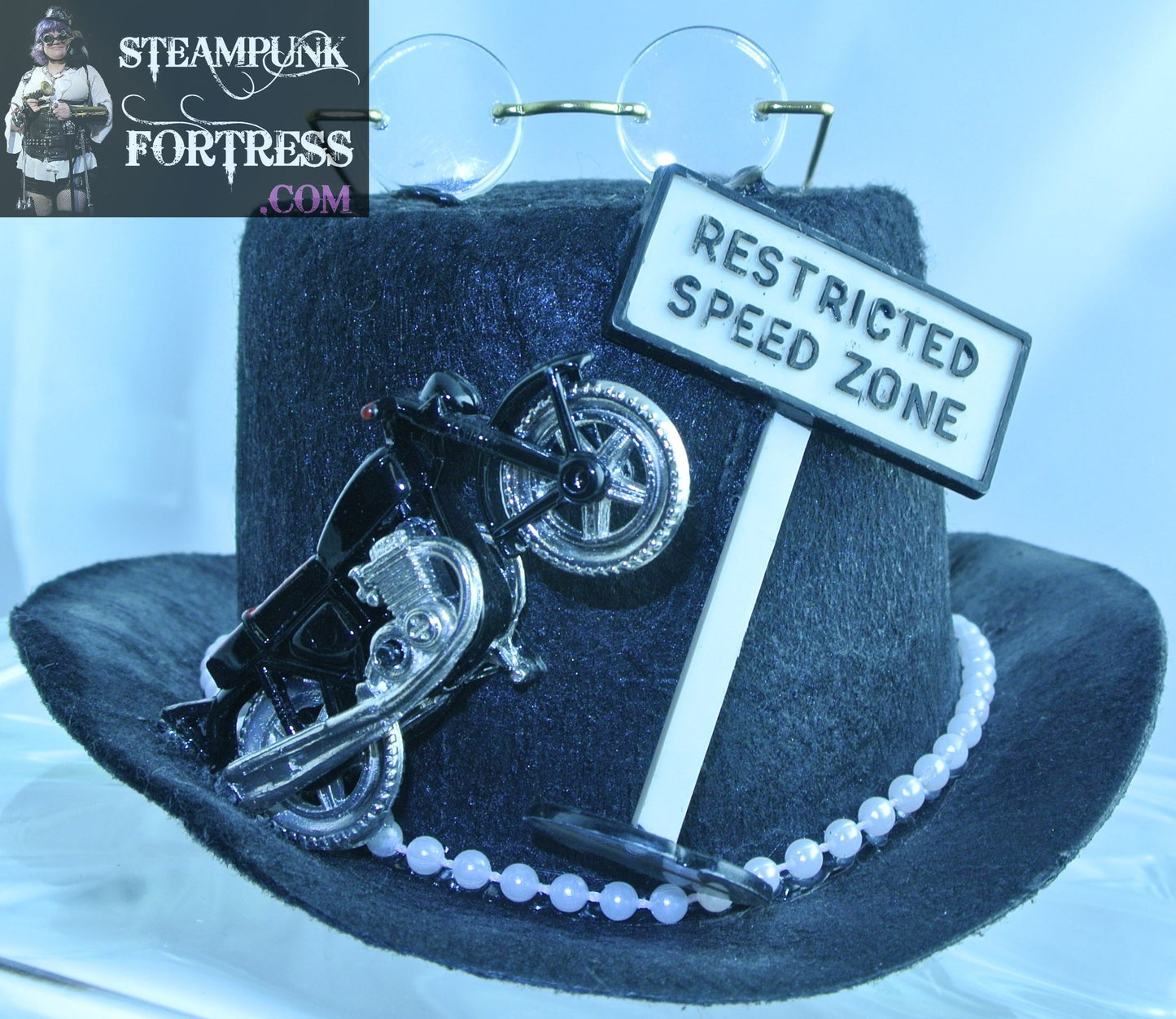 BLACK MOTORCYCLE ACCIDENT RESTRICTED SPEED ZONE SIGN GLASSES ON TOP PEARL RIBBON BAND MEDIUM MINI TOP HAT STORY STARR WILDE STEAMPUNK FORTRESS