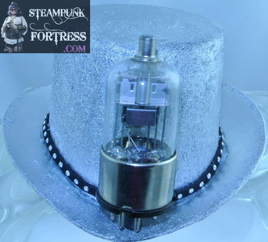 SILVER ROCKET FRONT BLACK SILVER THIN STUDDED SUEDE RIBBON BAND MEDIUM MINI TOP HAT STARR WILDE STEAMPUNK FORTRESS