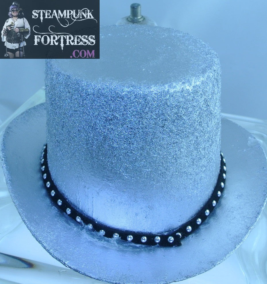 SILVER ROCKET FRONT BLACK SILVER THIN STUDDED SUEDE RIBBON BAND MEDIUM MINI TOP HAT STARR WILDE STEAMPUNK FORTRESS