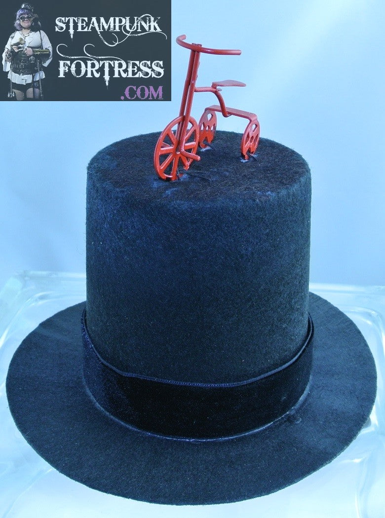 BLACK RED TRICYCLE TOP BLACK VELVET RIBBON BAND MEDIUM TALL MINI TOP HAT STARR WILDE STEAMPUNK FORTRESS