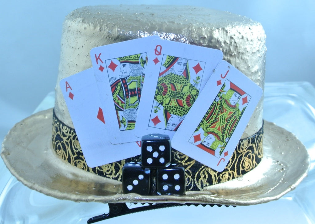 ROSE GOLD RED DIAMOND 4 CARDS KING QUEEN JACK ACE 3 BLACK DICE BLACK GOLD FLOWER RIBBON BAND SMALL MINI TOP HAT STARR WILDE STEAMPUNK FORTRESS