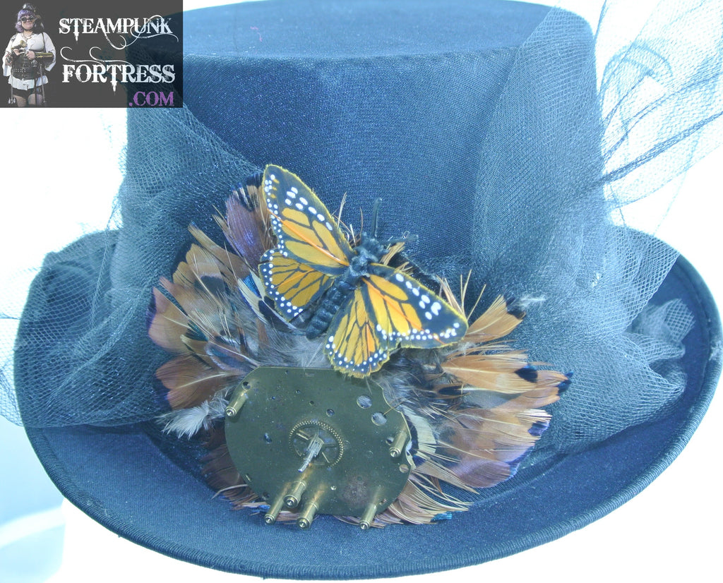 BLACK BROWN FEATHERS BRASS WATCH CLOCK BASE ORANGE BUTTERFLY BLACK TULLE BOW BLACK XL EXTRA LARGE SATIN FULL SIZE TOP HAT STARR WILDE STEAMPUNK FORTRESS