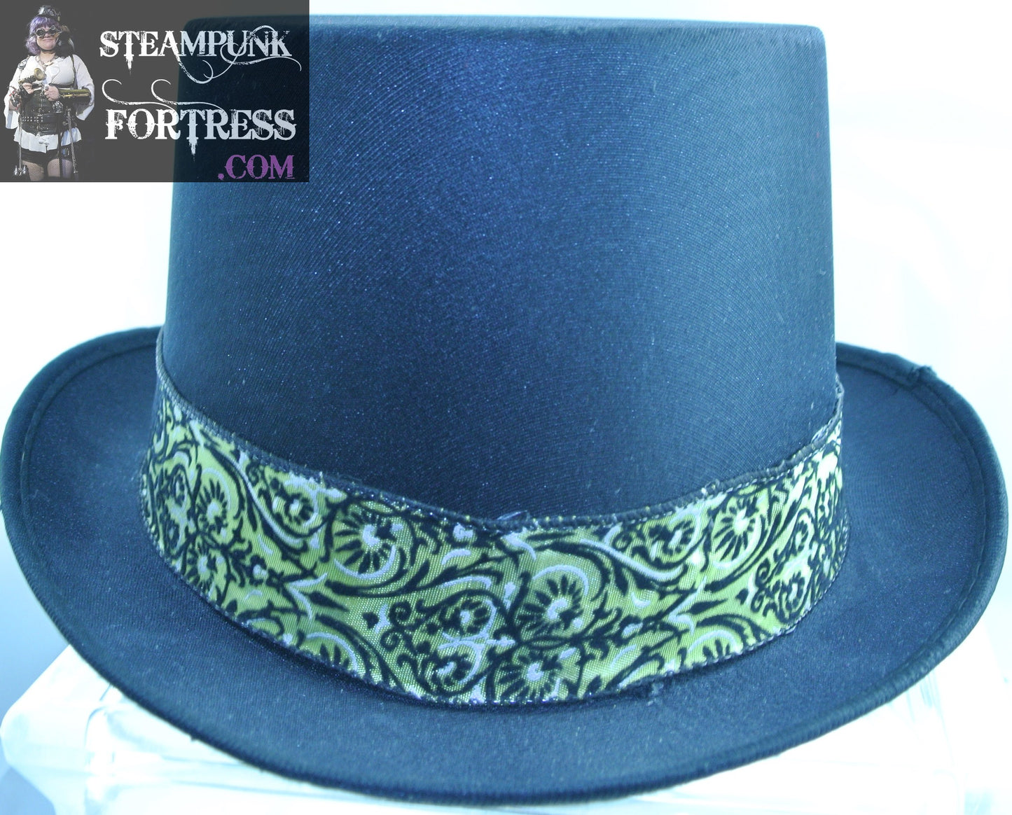 BLACK SATIN GREEN BLACK FLOCKED RIBBON BAND EXTRA LARGE XL SATIN MINIMALIST FULL SIZE TOP HAT GREAT CREATE BUILD YOUR OWN STEAMPUNK HAT BASE STARR WILDE STEAMPUNK FORTRESS