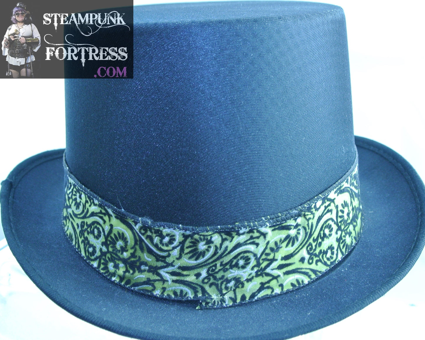 BLACK SATIN GREEN BLACK FLOCKED RIBBON BAND EXTRA LARGE XL SATIN MINIMALIST FULL SIZE TOP HAT GREAT CREATE BUILD YOUR OWN STEAMPUNK HAT BASE STARR WILDE STEAMPUNK FORTRESS