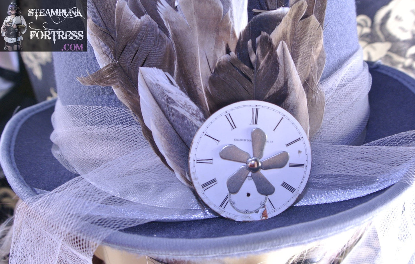 GREY GRAY DUCK FEATHERS ELGIN PORCELAIN AUTHENTIC GENUINE CLOCK WATCH FACE DIAL SILVER KINETIC SPINNING SPINS PROPELLER TULLE EXTRA LARGE XL VELOUR FULL SIZE TOP HAT STARR WILDE STEAMPUNK FORTRESS