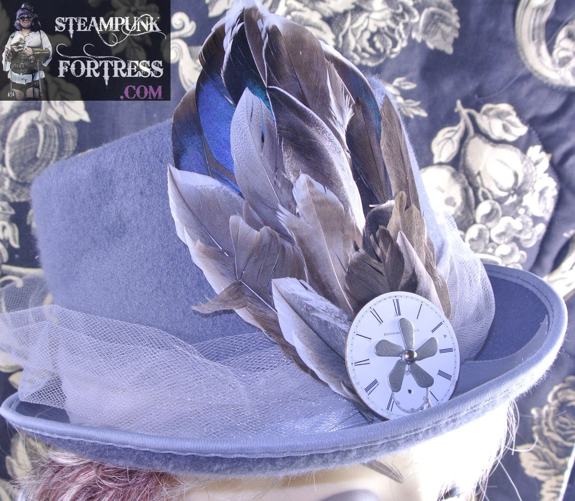 GREY GRAY DUCK FEATHERS ELGIN PORCELAIN AUTHENTIC GENUINE CLOCK WATCH FACE DIAL SILVER KINETIC SPINNING SPINS PROPELLER TULLE EXTRA LARGE XL VELOUR FULL SIZE TOP HAT STARR WILDE STEAMPUNK FORTRESS