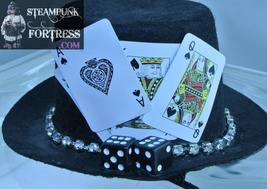 BLACK PLAYING CARDS 4 KING QUEEN JACK ACE BLACK SPADES 2 BLACK DICE RHINESTONES BAND BLACK XS EXTRA SMALL MINI TOP HAT ALICE IN WONDERLAND COSPLAY COSTUME HALLOWEEN POKER STARR WILDE STEAMPUNK FORTRESS