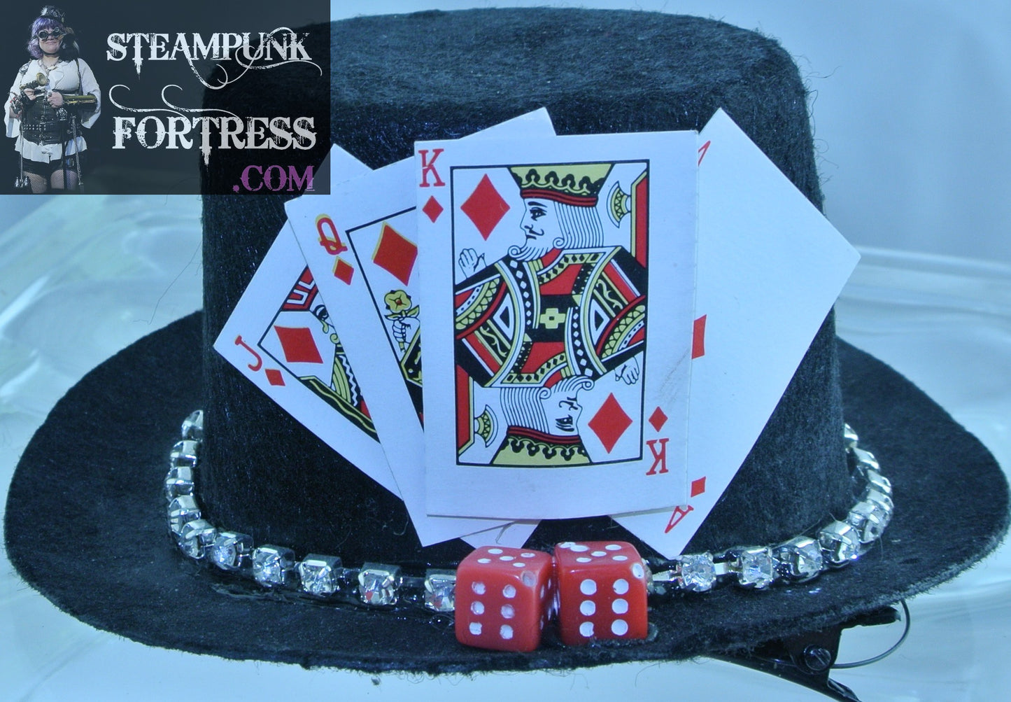 BLACK PLAYING CARDS 4 KING QUEEN ACE JACK RED DIAMONDS 2 RED DICE RHINESTONES BAND BLACK XS EXTRA SMALL MINI TOP HAT ALICE IN WONDERLAND COSPLAY COSTUME HALLOWEEN POKER STARR WILDE STEAMPUNK FORTRESS