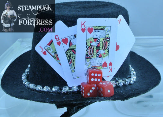 BLACK PLAYING CARDS 4 KING QUEEN JACK ACE RED HEARTS 3 RED DICE RHINESTONES BAND BLACK XS EXTRA SMALL MINI TOP HAT ALICE IN WONDERLAND COSPLAY COSTUME HALLOWEEN POKER STARR WILDE STEAMPUNK FORTRESS