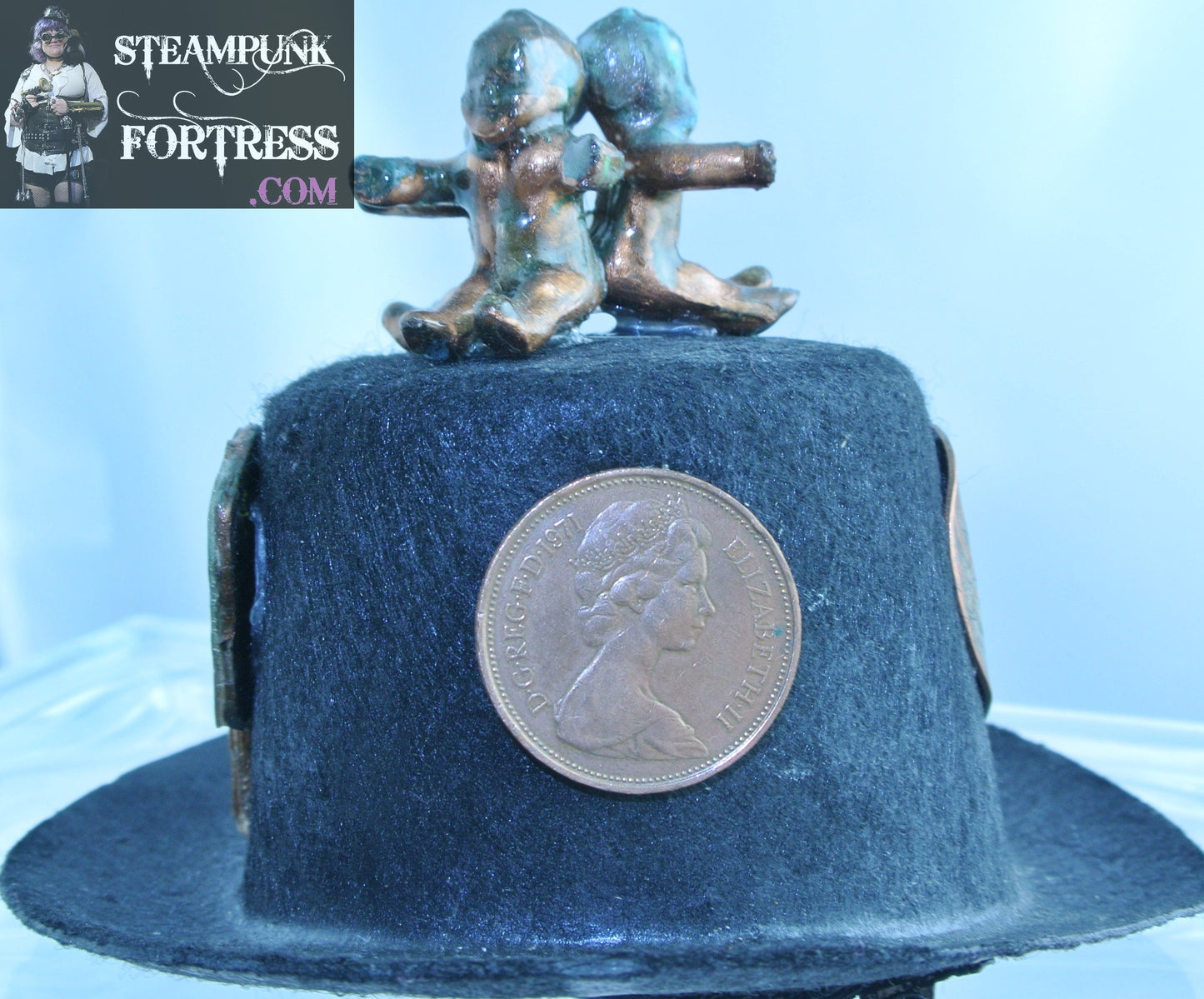 BLACK COPPER FAN COIN FRONT KANGAROO CHARM COPPER DIPPED KEY QUEEN ELIZABETH COIN 3 COPPER DIPPED BABIES TOP XS EXTRA SMALL MINI TOP HAT STARR WILDE STEAMPUNK FORTRESS