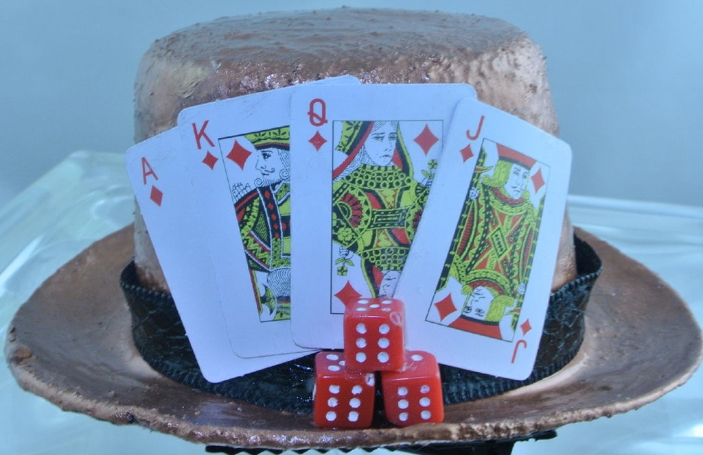 COPPER PLAYING CARDS 4 RED DIAMONDS KING QUEEN JACK ACE 3 RED DICE BLACK BAND XS EXTRA SMALL MINI TOP HAT ALICE IN WONDERLAND COSPLAY COSTUME HALLOWEEN POKER  STARR WILDE STEAMPUNK FORTRESS