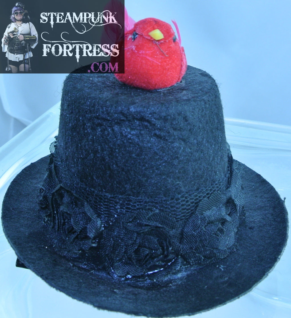 BLACK RED CARDINAL BIRD TOP BLACK ROSE TULLE RIBBON BAND XS EXTRA SMALL BLACK MINI TOP HAT CHRISTMAS STARR WILDE STEAMPUNK FORTRESS