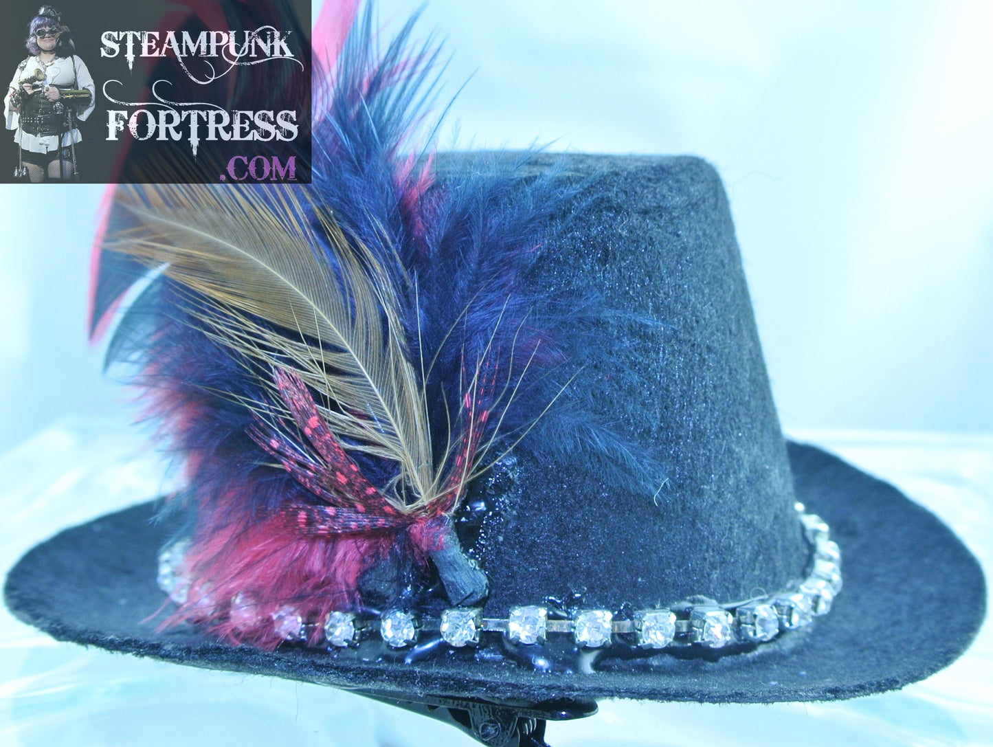 BLACK RED GOLD BLACK FEATHER SPRAY RHINESTONES CHAIN BAND XS EXTRA SMALL MINI TOP HAT STARR WILDE STEAMPUNK FORTRESS
