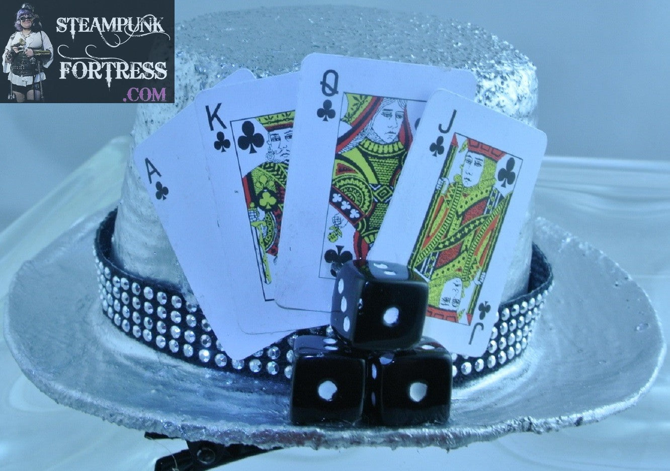 SILVER PLAYING CARDS 4 KING QUEEN JACK ACE BLACK CLUBS 3 BLACK DICE BLACK 4 ROW SILVER STUDDED RIBBON BAND XS EXTRA SMALL MINI TOP HAT ALICE IN WONDERLAND COSPLAY COSTUME HALLOWEEN POKER  STARR WILDE STEAMPUNK FORTRESS