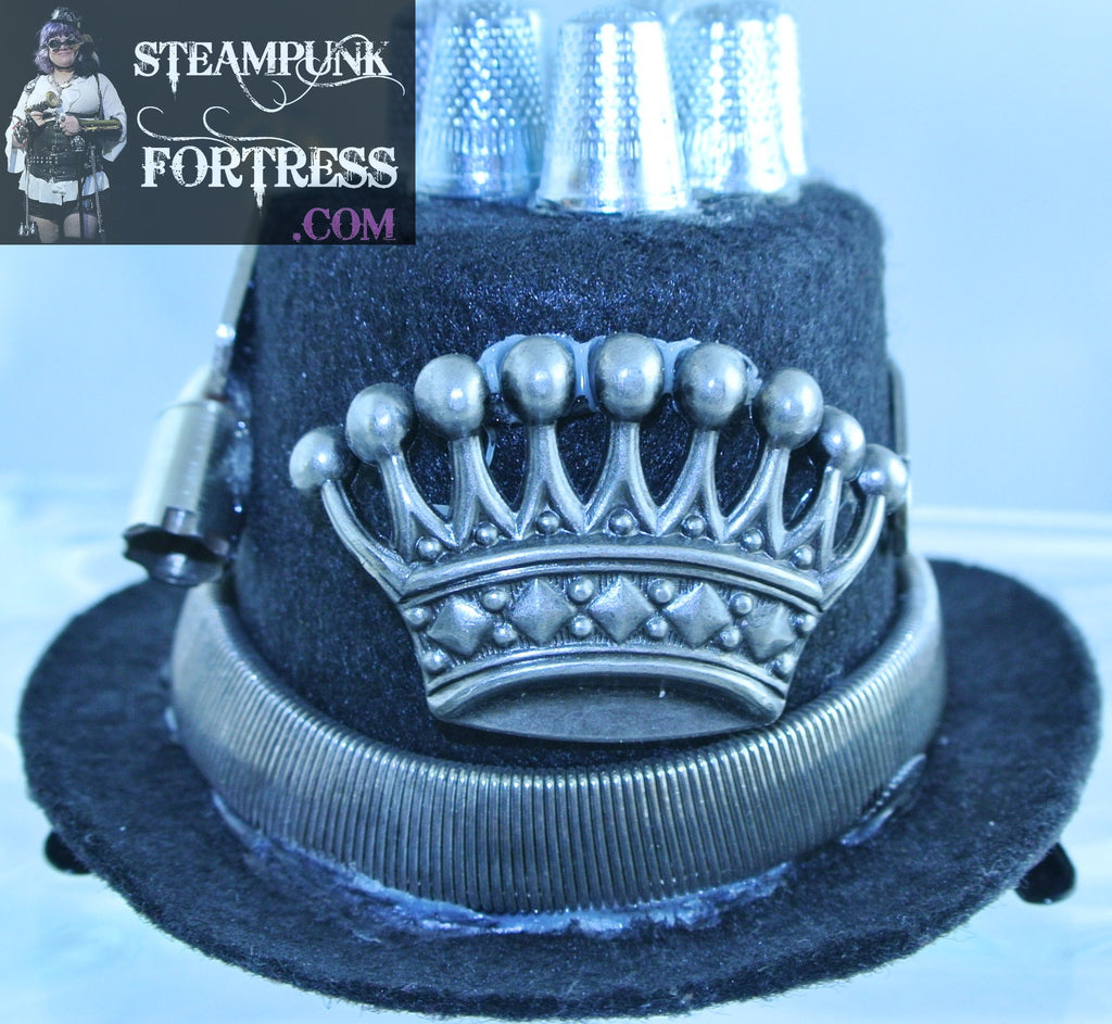 BLACK SILVER CROWN LIFE CREATING YOURSELF WORD BAND HOURGLASS KEY 7 THIMBLE TOP SILVER STRETCH SPRING BAND XS EXTRA SMALL MINI TOP HAT STARR WILDE STEAMPUNK FORTRESS