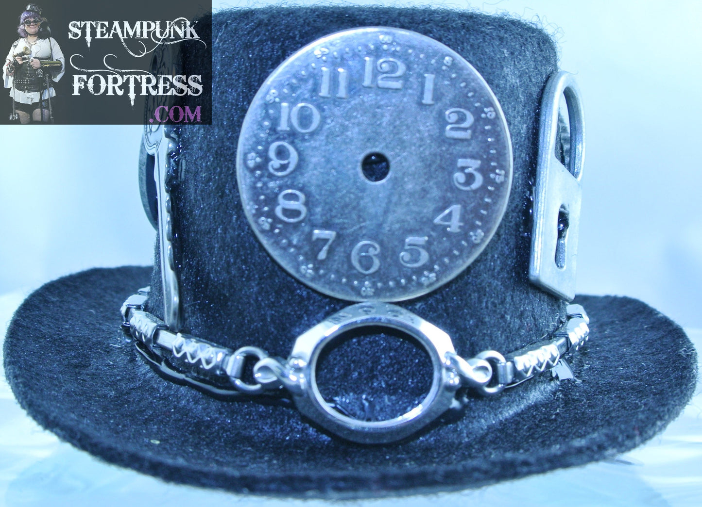 BLACK SILVER CLOCK WATCH DIAL FACE LOCK GEAR KNOW WORD STICK JOURNEY TOKEN GEAR KEY WATCH BAND XS EXTRA SMALL MINI TOP HAT STARR WILDE STEAMPUNK FORTRESS