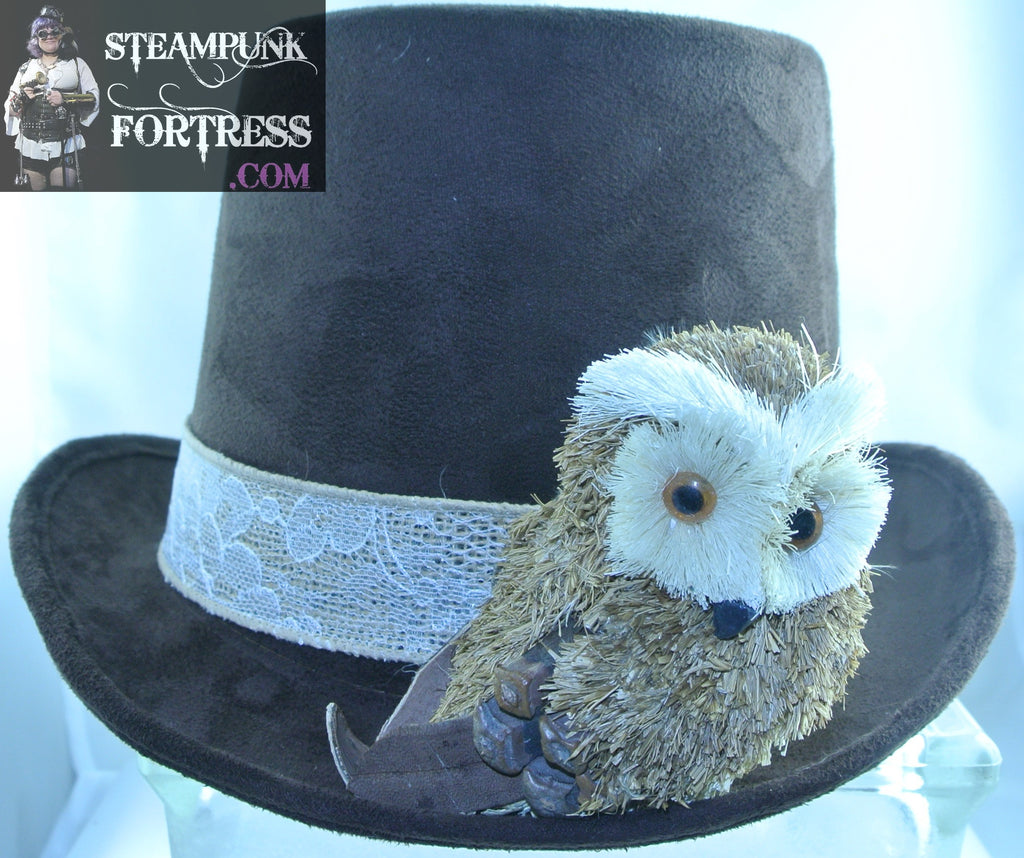 BROWN OWL BURLAP JUTE WHITE LACE RIBBON BAND 2XL XXL FULL SIZE TOP HAT STARR WILDE STEAMPUNK FORTRESS
