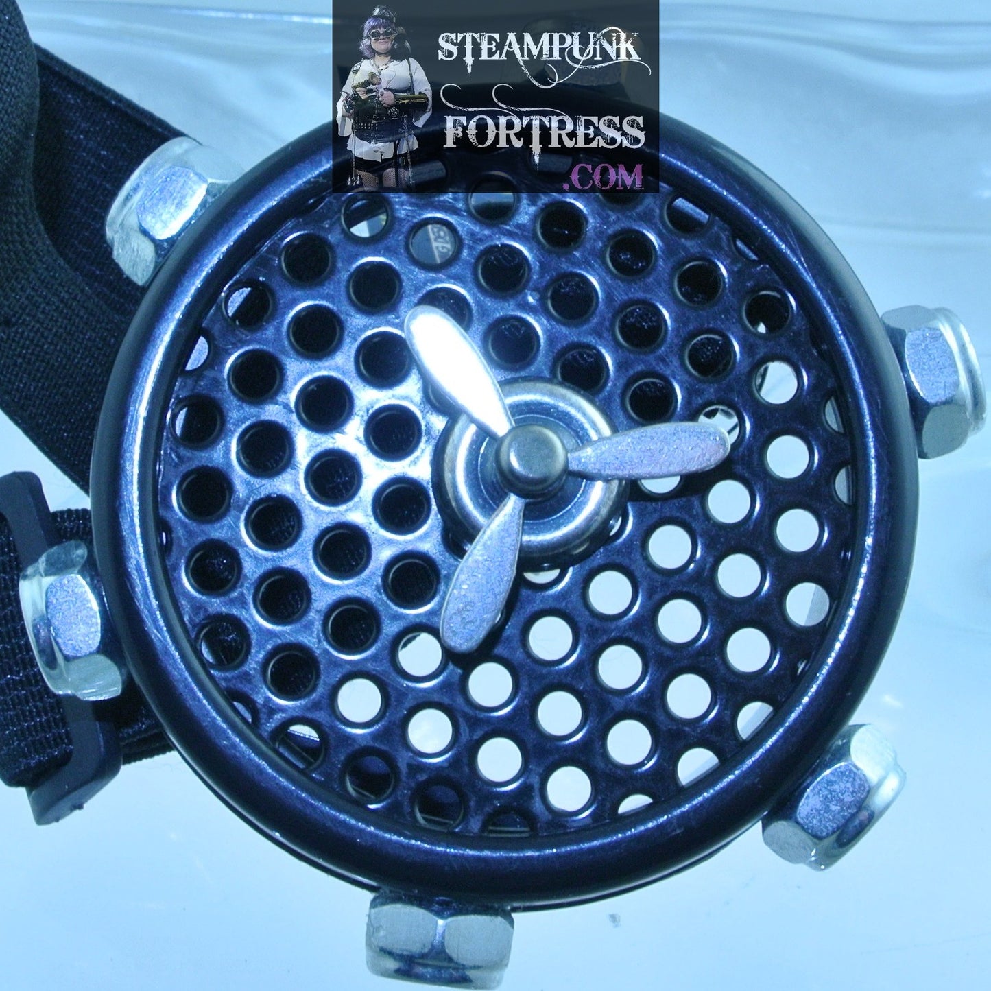 MONOCLE BLACK MESH INSERT SILVER KINETIC SPINS SPINNING PROPELLER STUDDED GOGGLES STARR WILDE STEAMPUNK FORTRESS