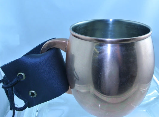 COPPER CUP MUG BLACK LEATHER STRAP BRASS EYELETS TEA DUELING DUELLING COSPLAY COSTUME RENAISSANCE MEDIEVAL SCA STARR WILDE STEAMPUNK FORTRESS