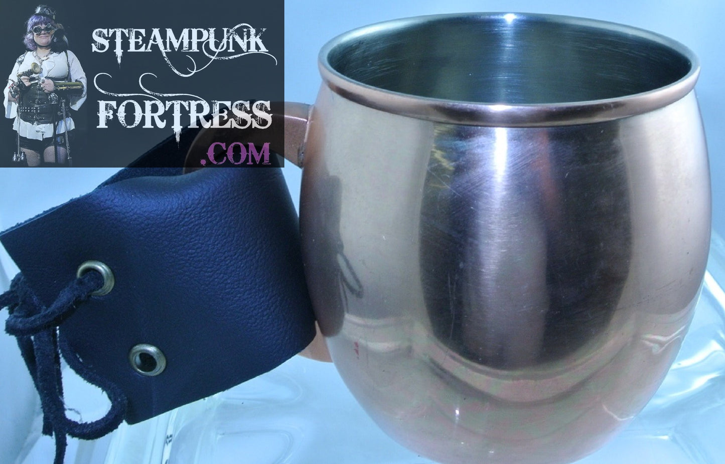COPPER CUP MUG BLACK LEATHER STRAP BRASS EYELETS TEA DUELING DUELLING COSPLAY COSTUME RENAISSANCE MEDIEVAL SCA STARR WILDE STEAMPUNK FORTRESS