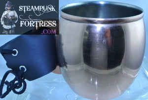 COPPER CUP MUG BLACK LEATHER STRAP SILVER EYELETS TEA DUELING DUELLING COSPLAY COSTUME RENAISSANCE MEDIEVAL SCA STARR WILDE STEAMPUNK FORTRESS