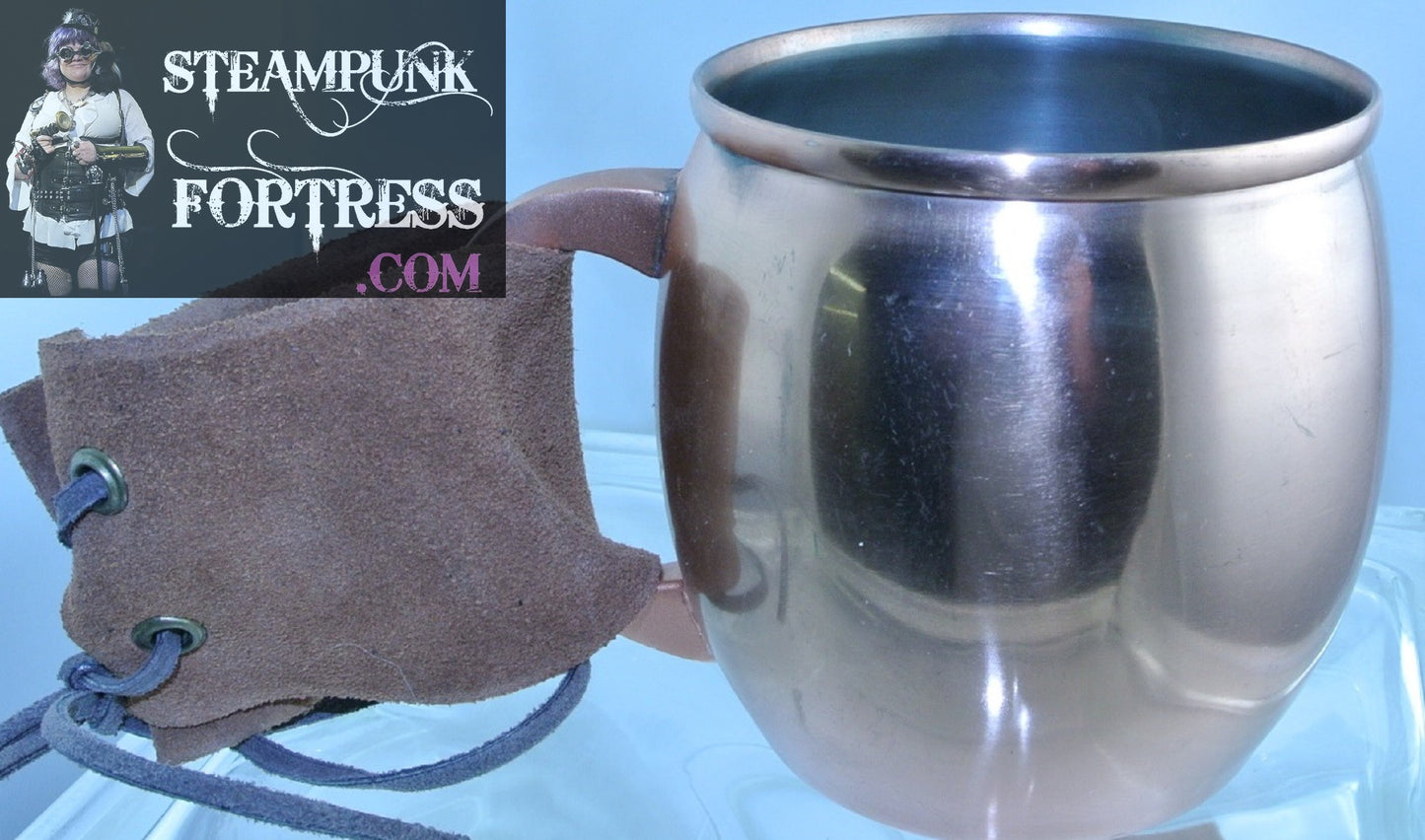 COPPER CUP MUG BROWN SUEDE LEATHER STRAP BRASS EYELETS TEA DUELING DUELLING COSPLAY COSTUME RENAISSANCE MEDIEVAL SCA STARR WILDE STEAMPUNK FORTRESS