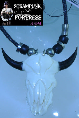 BLACK COW STEER SKULL CARVED IVORY BONE BLACK CORD NECKLACE STARR WILDE STEAMPUNK FORTRESS TEXAS LONGHORN