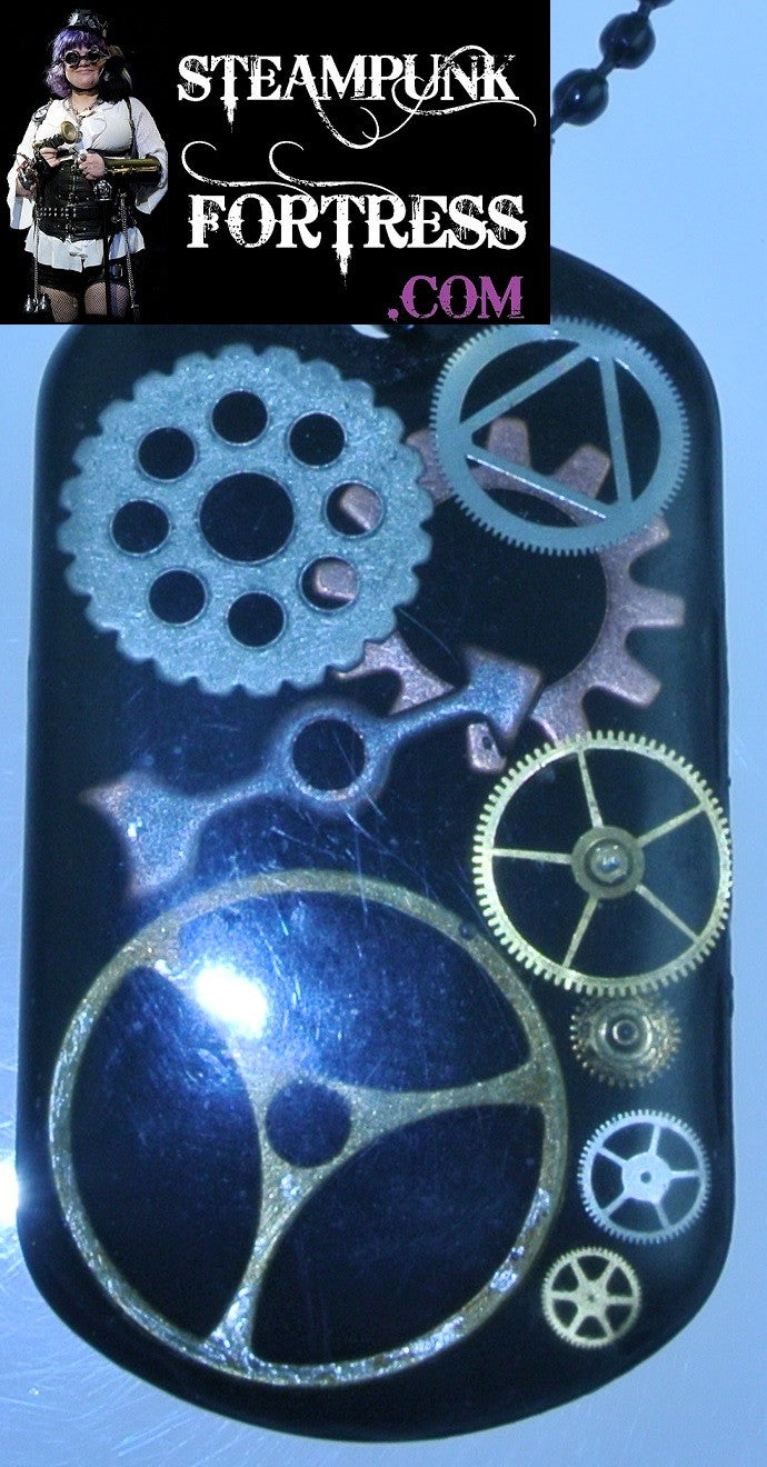 BLACK DOG TAG BRASS SILVER GEARS AUTHENTIC GENUINE WATCH CLOCK NECKLACE STARR WILDE STEAMPUNK FORTRESS