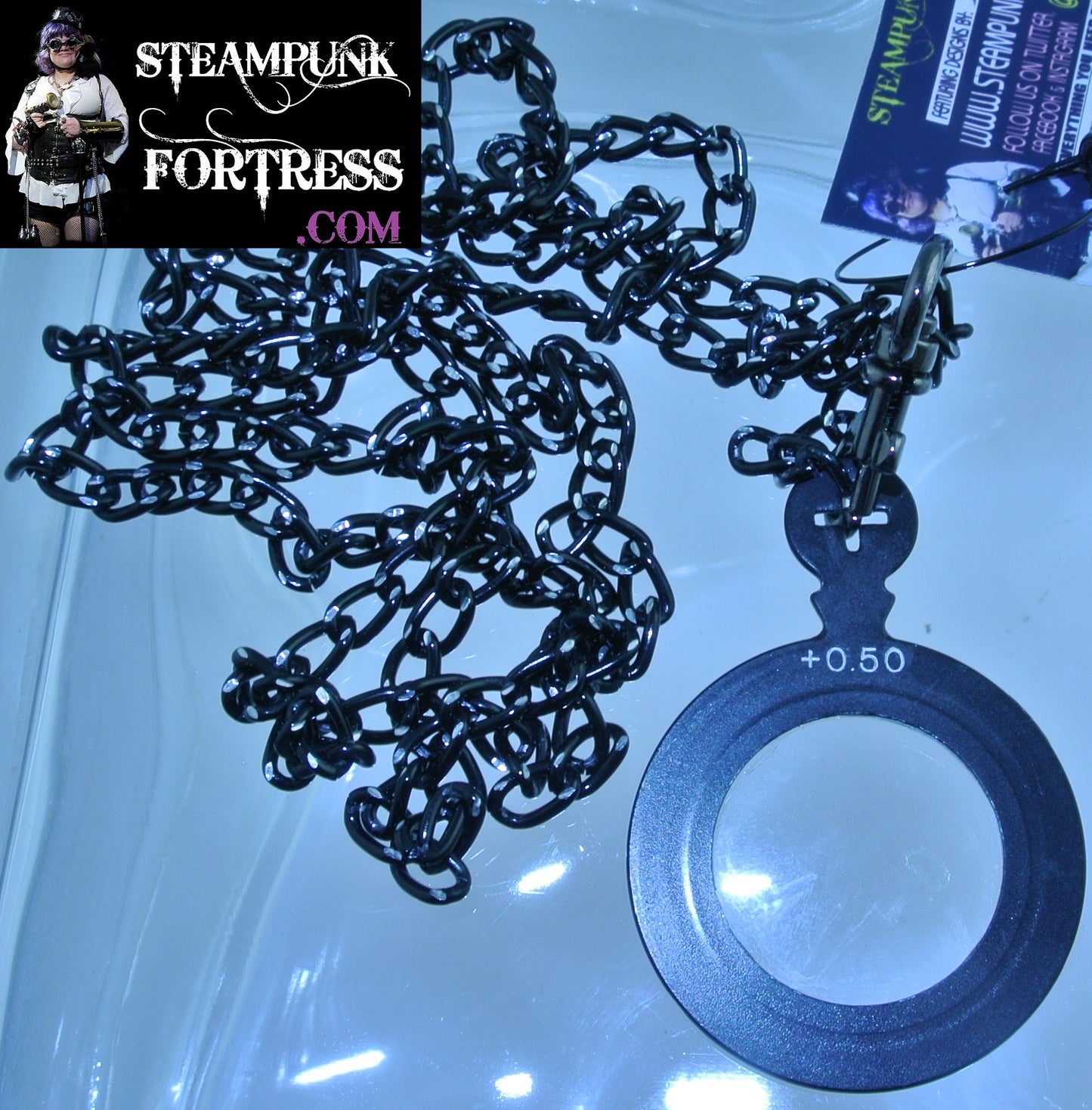 BLACK MONOCLE .5 BLACK CHAIN GUNMETAL CLASP NECKLACE STARR WILDE STEAMPUNK FORTRESS COSPLAY COSTUME SHERLOCK