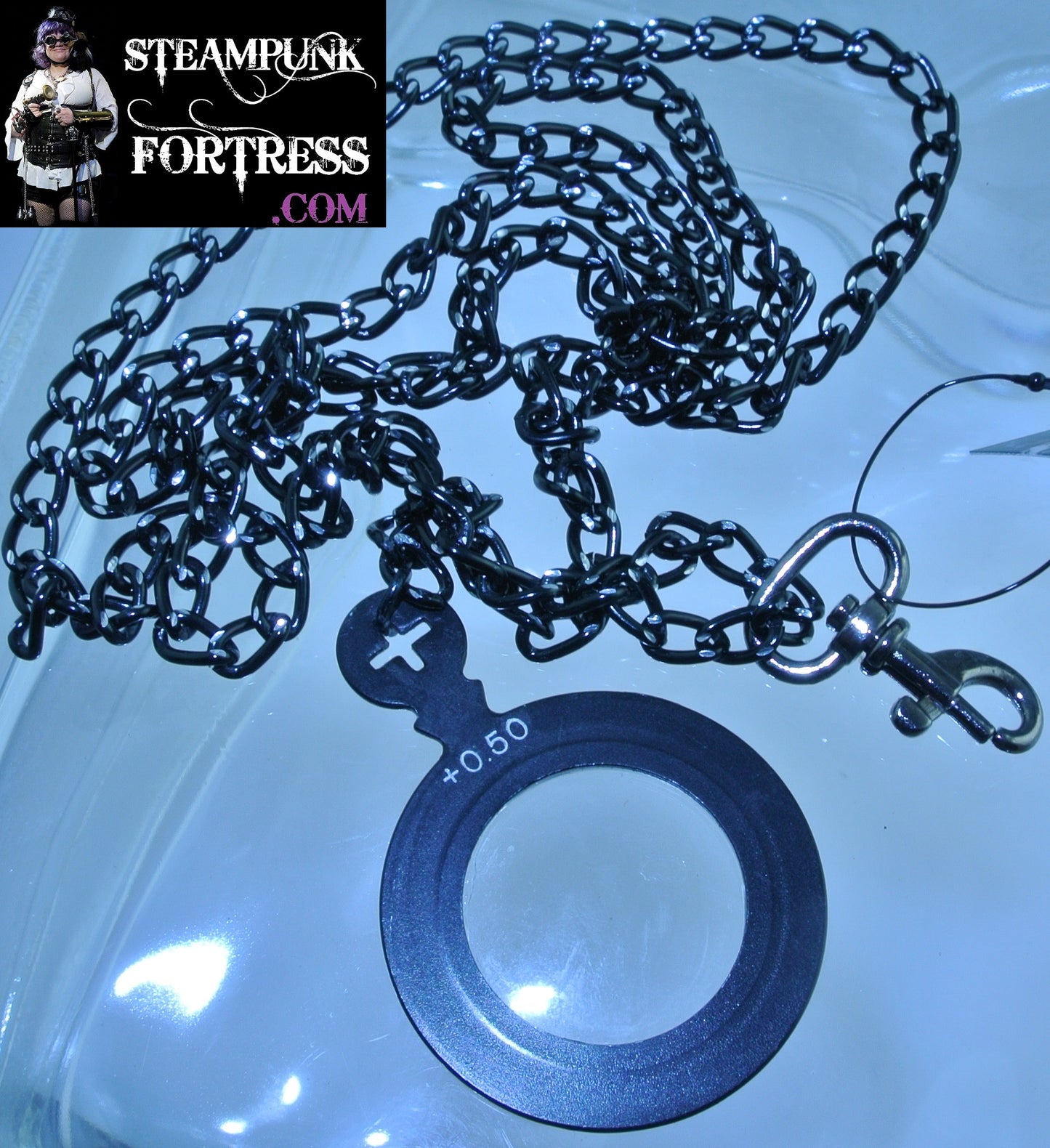 BLACK MONOCLE .5 BLACK CHAIN GUNMETAL CLASP NECKLACE STARR WILDE STEAMPUNK FORTRESS COSPLAY COSTUME SHERLOCK