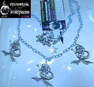 BLUE SILVER MERMAIDS 3 BLUE SWAROVSI CRYSTALS CLASP NECKLACE STARR WILDE STEAMPUNK FORTRESS