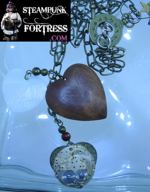 BRASS 3 HEARTS ROSEWOOD MOTHER OF PEARL MOP BRASS AUTHENTIC GENUINE CLOCK WATCH COMPLETE MOVEMENT NECKLACE STARR WILDE STEAMPUNK FORTRESS