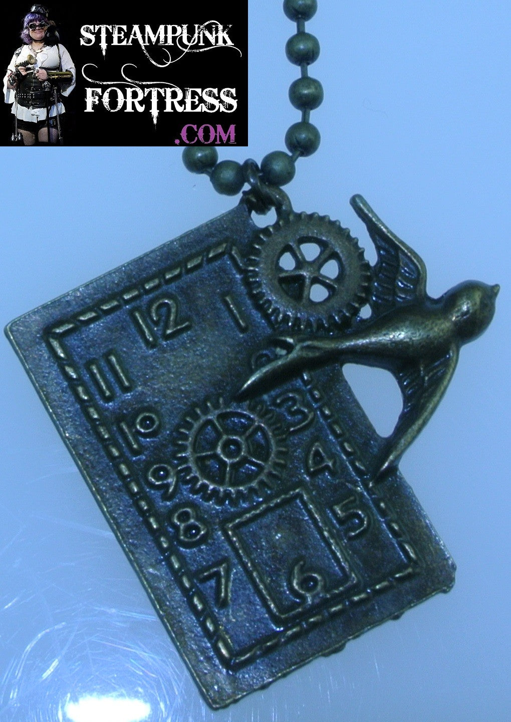 BRASS FACE RECTANGLE BIRD FLYING GEARS NECKLACE SET AVAILABLE STARR WILDE STEAMPUNK FORTRESS