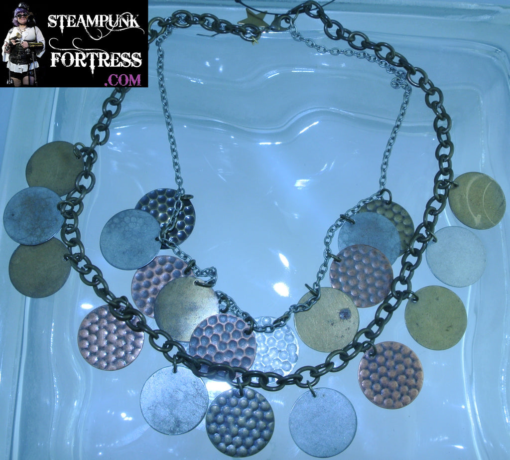 BRASS SILVER DOUBLE CHAIN HAMMERED DISCS COPPER BRASS SILVER NECKLACE STARR WILDE STEAMPUNK FORTRESS