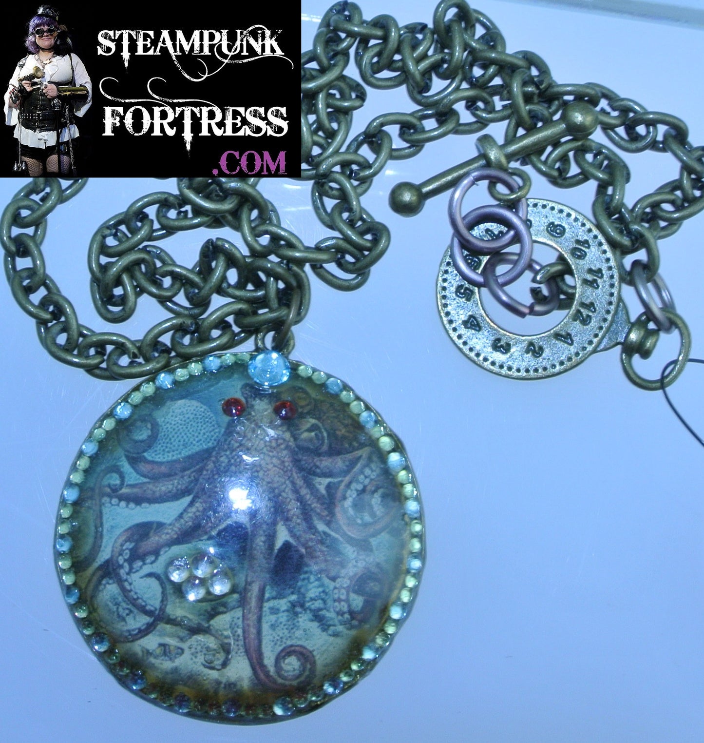 BRASS OCTOPUS UNDERWATER 68 GREEN BLUE CLEAR RED SWAROVSKI CRYSTALS NECKLACE STARR WILDE STEAMPUNK FORTRESS