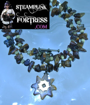 BRASS TIGERS EYE GEMSTONE STONES CHIPS BRASS GEAR GOLD RIBBED BEADS FLOWER FOCAL NECKLACE SET AVAILABLE STARR WILDE STEAMPUNK FORTRESS 2 SIDED REVERSIBLE