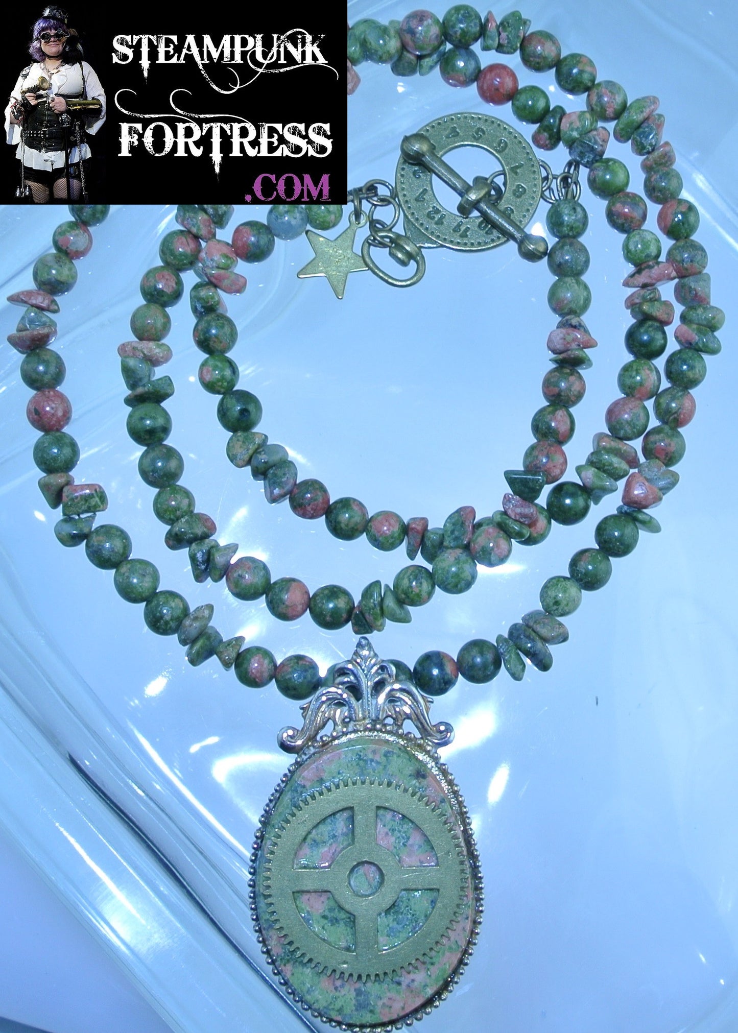BRASS UNAKITE GEMSTONES STONES FOCAL FLAT BRASS 4 ARM GEAR 3 ROUNDS 3 CHIPS NECKLACE SET AVAILABLE STARR WILDE STEAMPUNK FORTRESS
