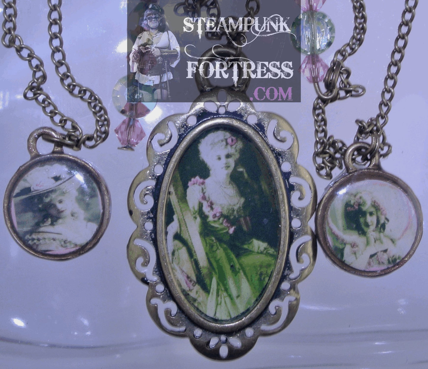 BRASS VINTAGE LADIES ARLETTE DORGERE WHITE WIG CARRIAGE PINK GREEN SWAROVSKI CRYSTALS 2 ROUNDS FANCY NECKLACE SET AVAILABLE STARR WILDE STEAMPUNK FORTRESS