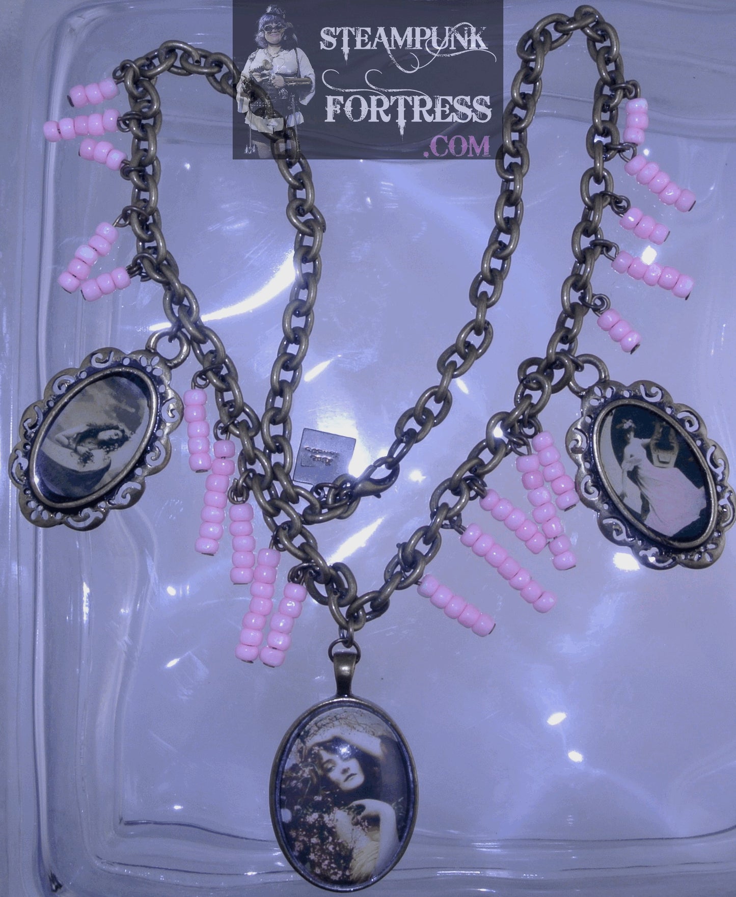 BRASS VINTAGE LADIES WILDFLOWERS 2 FANCY LADIES IN MOON PINK BEADS NECKLACE SET AVAILABLE STARR WILDE STEAMPUNK FORTRESS