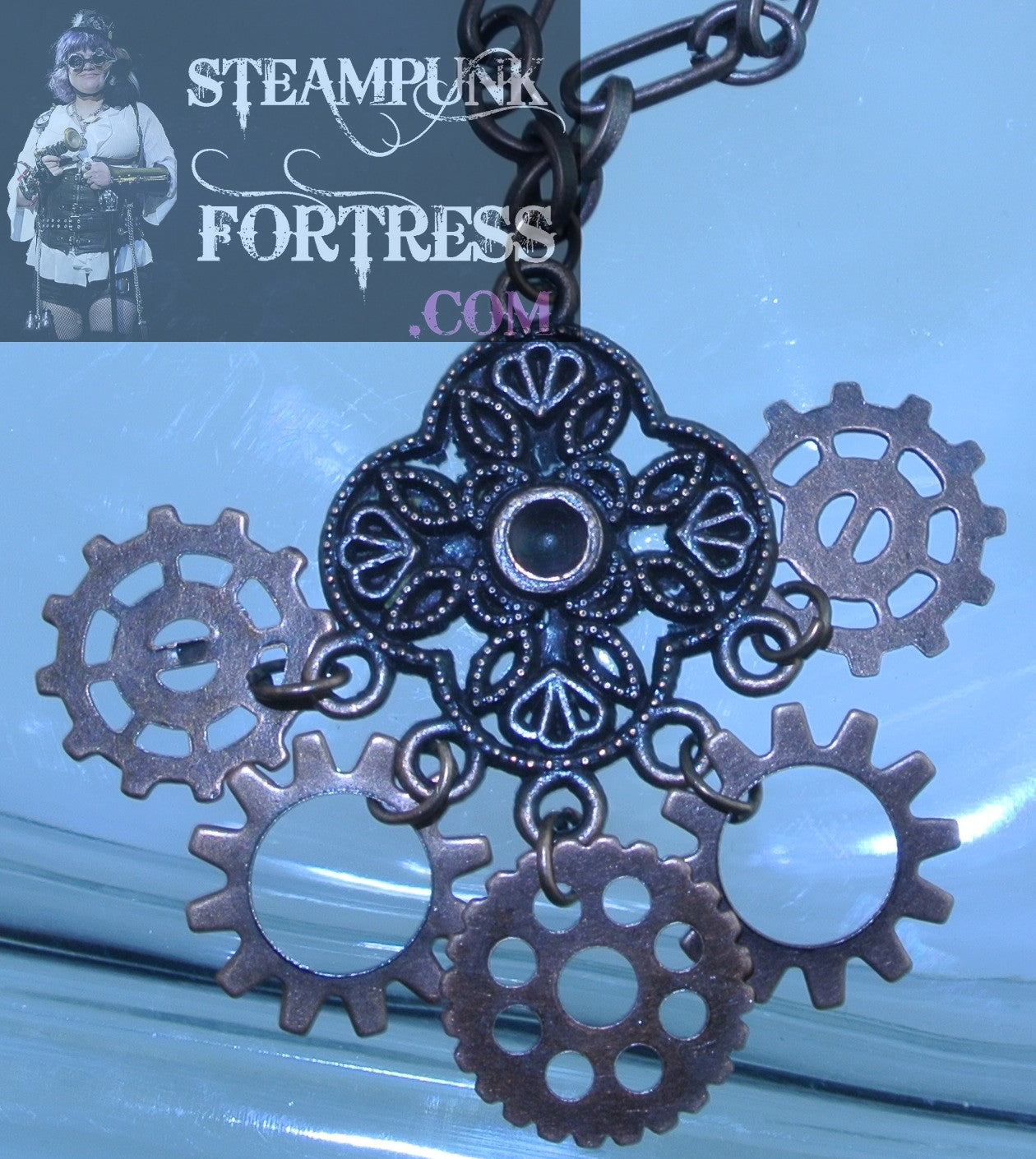 COPPER CLOVER FOCAL DROP 4 SIDED DROP 5 GEARS NECKLACE STARR WILDE STEAMPUNK FORTRESS