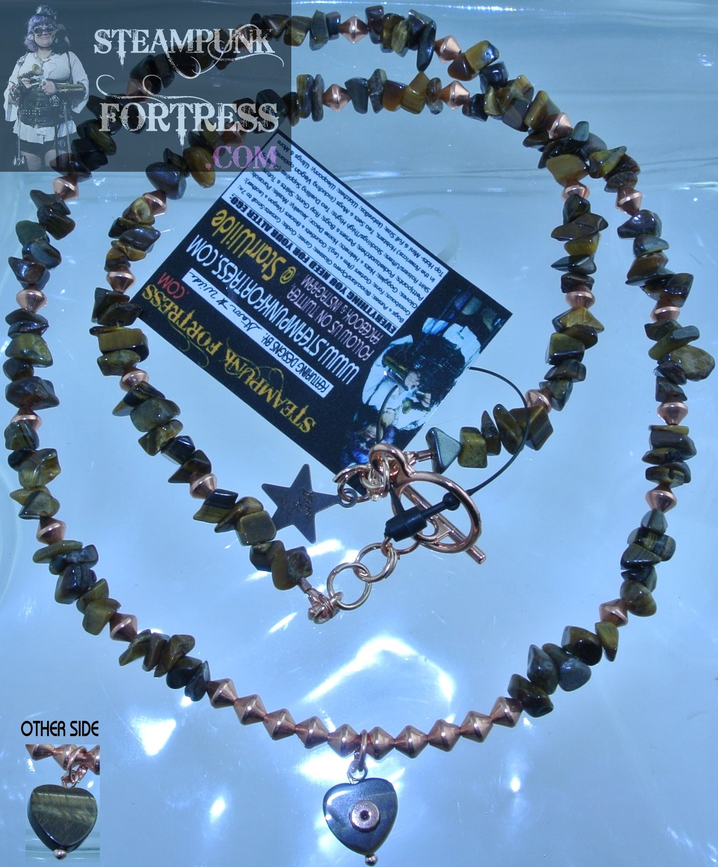 COPPER BRIGHT TIGERS EYE GEMSTONES STONES CHIPS HEART COPPER GEAR COPPER BEADS NECKLACE SET AVAILABLE STARR WILDE STEAMPUNK FORTRESS 2 SIDED REVERSIBLE