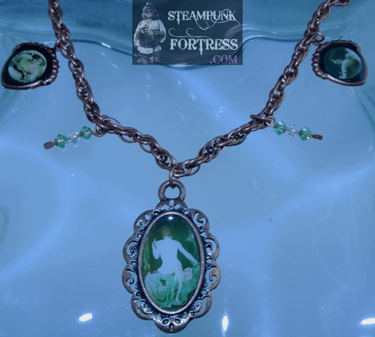 COPPER BRIGHT VINTAGE LADIES GREEN NUDE BACK LADY 2 SHIELDS GREEN SWAROVSKI CRYSTALS FANCY NECKLACE SET AVAILABLE STARR WILDE STEAMPUNK FORTRESS